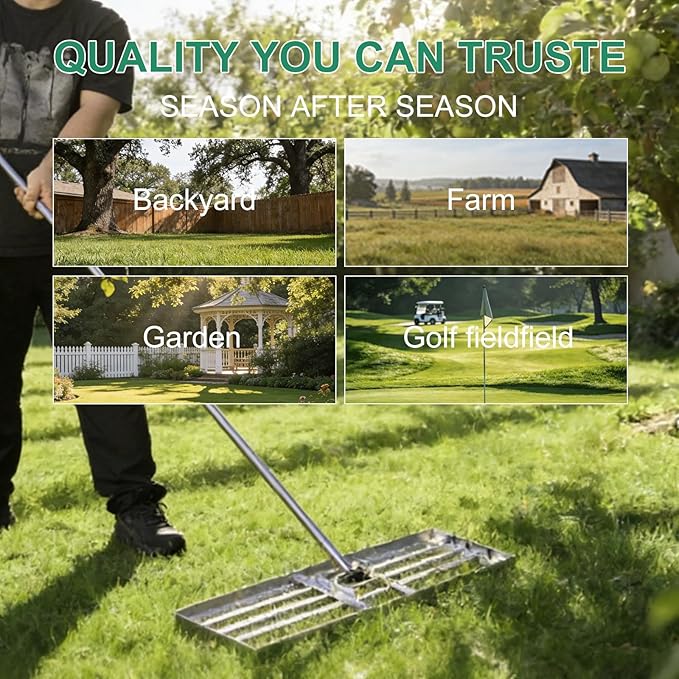 Lawn Leveling Rake 30x10 inch, Lawn Leveler Tool with 6.5ft Handle Rakes, 304Stainless Steel Yard Leveling Rake, Heavy Duty Soil Landscape Rake for Backyard, Garden, Farm, Pasture, Golf Course