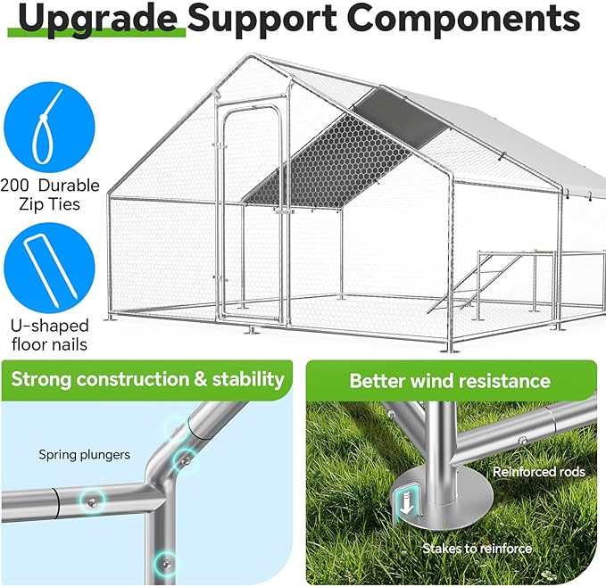Large Metal Chicken Coop with Roosting Ladder, UV-Resistant and Waterproof Cover, Outdoor Walk-in Cage Hen House for Yard Farm Rabbit Duck Chicken Run, Spire Roof (13.1'W x 9.8'L x 6.4'H)