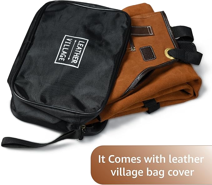 LEATHER VILLAGE Work Apron - Heavy Duty Woodworking Apron for Men with Tool Pockets for Woodworkers, Blacksmiths, Carpenters – Tan Color (Size M to XXL)