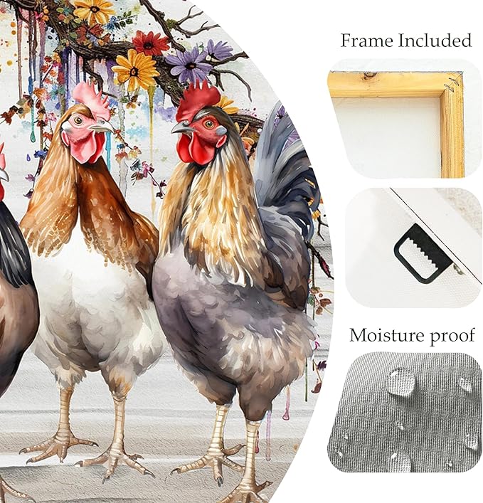 Framed Chicken Wall Art 16x16 Inch Rooster on Flower Stand Canvas Print Farmhouse Country Style Artwork for Kitchen Living Room Rustic Home Wall Decor (Three roosters, 20L×20W)