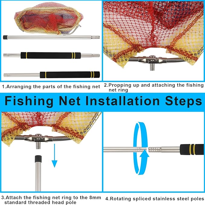 Fishing Landing Net, Fishing Net with Handle for Fishing with Splicing Extension Pole Handle Sturdy Stainless Steel Tubes Comfortable Sponge Handle, yellow
