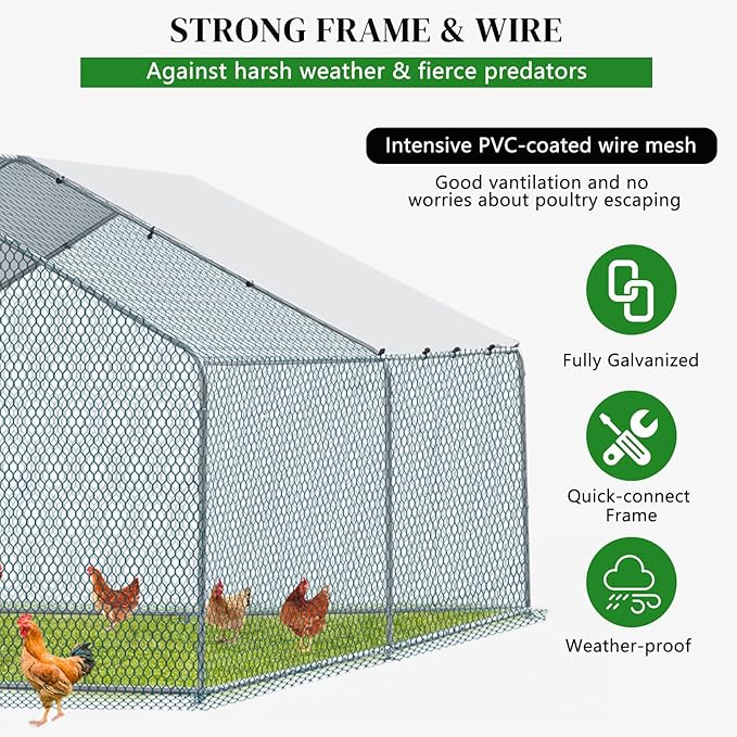 VINGLI Large Metal Chicken Coop for Chickens, Walk-in Chicken Run with Waterproof Anti-UV Cover, Heavy-Duty Chicken Pen with Security Lock for Outdoor Backyard Farm Use (13.1'Lx9.8'Wx6.5'H)