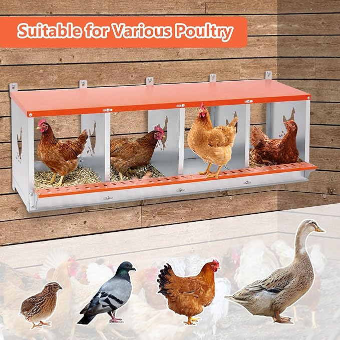 Chicken Nesting Boxes，Nesting Boxes for Chicken Coop 4 Compartment Chicken Laying Boxes with Soft Chicken Nesting Pads &Vented Holes,Nest Box Wall Mount for Hens, Ducks, Birds Orange