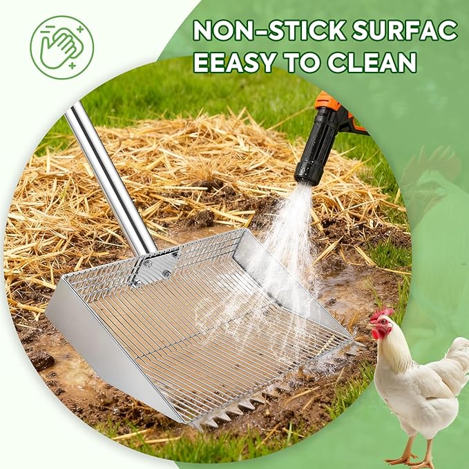 Chichen Poop Scooper Rake: 15in Extra Large Rake and Shovel,Chichen Pooper Scooper with Plastic Handle,Metal Chicken Coop Accessories,Tool for Manure Cleaning in Small Poultry and Stable
