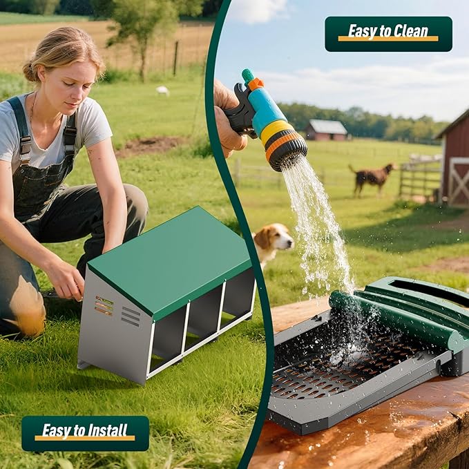 Chicken Nesting Boxes, 3 Compartments Roll Away Egg Laying Nest Box for Hens, Galvanized Steel Nesting Boxes for Chickens with Rollout Egg Drawer, Protects Eggs for Chicken Coop