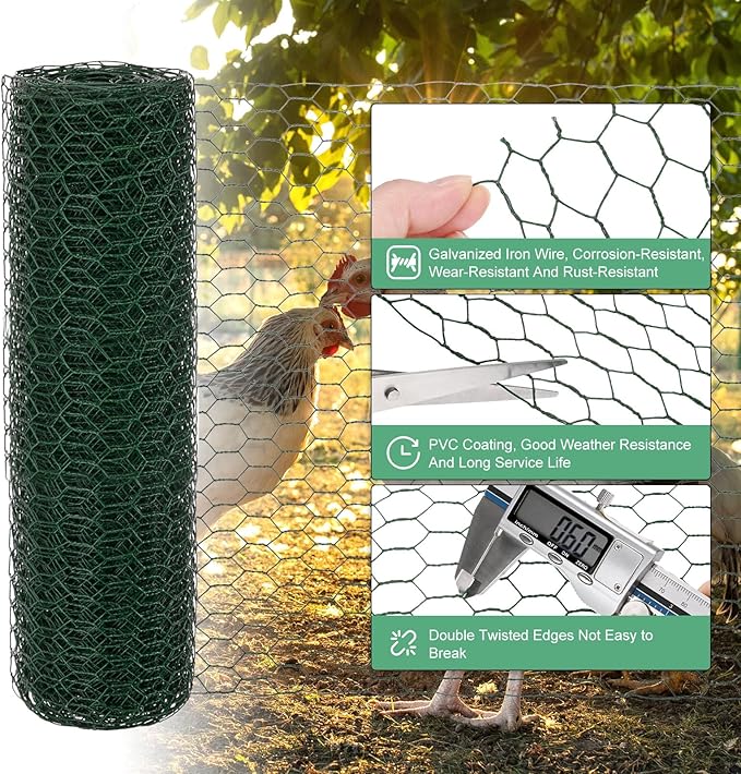 Chicken Wire for Floral Arrangements, 14 x 315 in Galvanized Iron Hexagonal PVC Coated for Crafts/Poultry/Garden, Chicken Wire Netting Fence Mesh [Green]