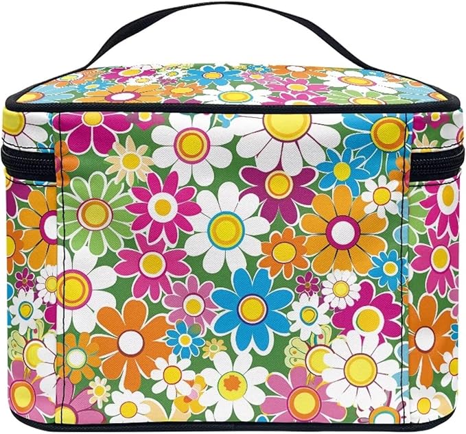 Retro 70S Colorful Hippie Flower Print Travel Makeup Bags for Women Portable Tote Cosmetic Case with Carry Handle Toiletry Accessories Storage Organizer Bags