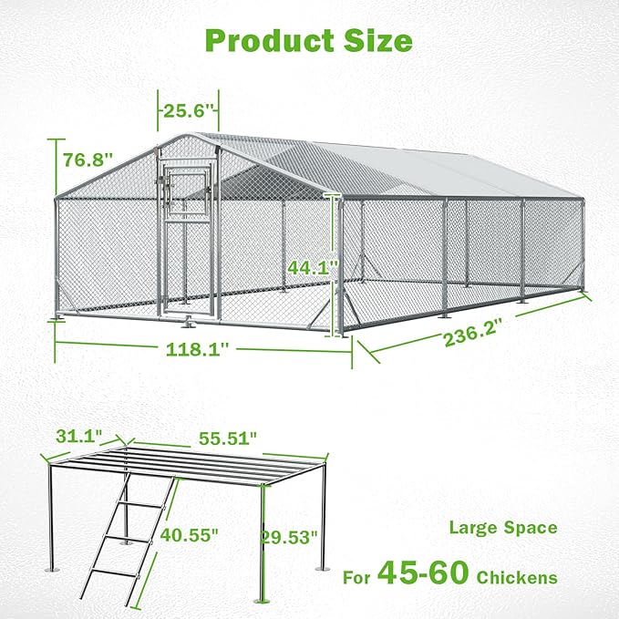 10x20FT Metal Chicken Coop, Dutch Door Chicken Run with Chicken Perch, Cover and Hardware Cloth, Walk in Duck Pen for Backyard Poultry and Pet Farming