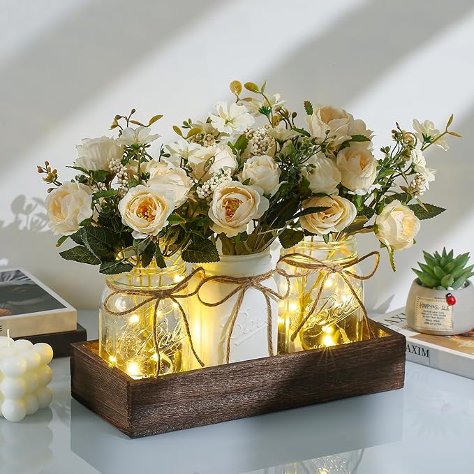 3 Pcs Mason Jar Centerpiece Table Decorations for Dining Table Decor Farmhouse Coffee Table Decor with Wood Tray and Led Light Table Centerpieces for Dining room Kitchen Living Bathroom,White