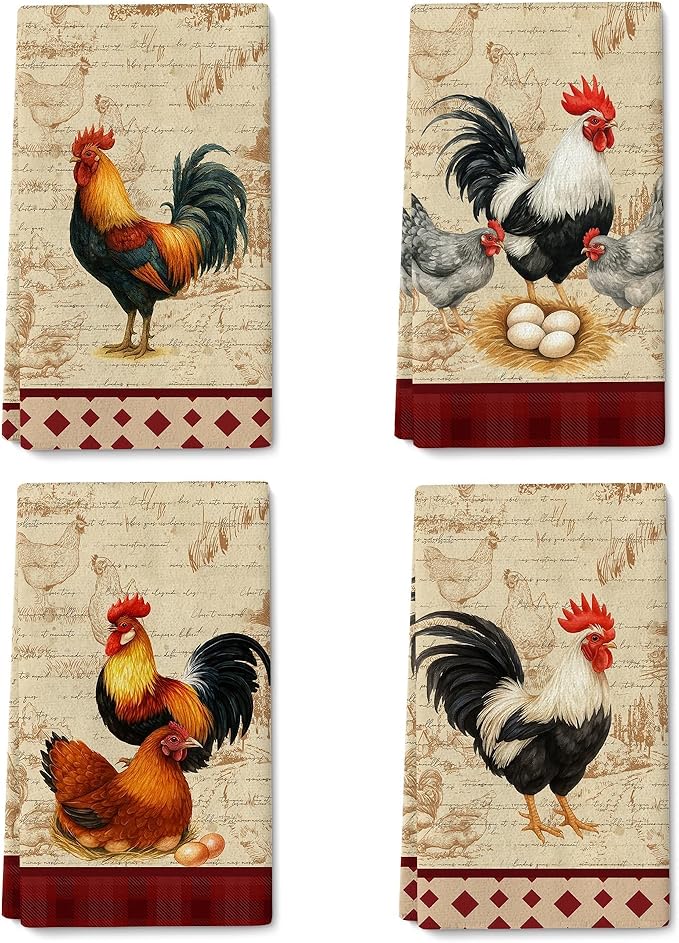 Chicken & Rooster Kitchen Towels Retro Farmhouse Dish Towels Set of 4, Absorbent Vintage Rustic Hand & Tea Towel, Rooster Kitchen Decor, Chicken Gifts for Women