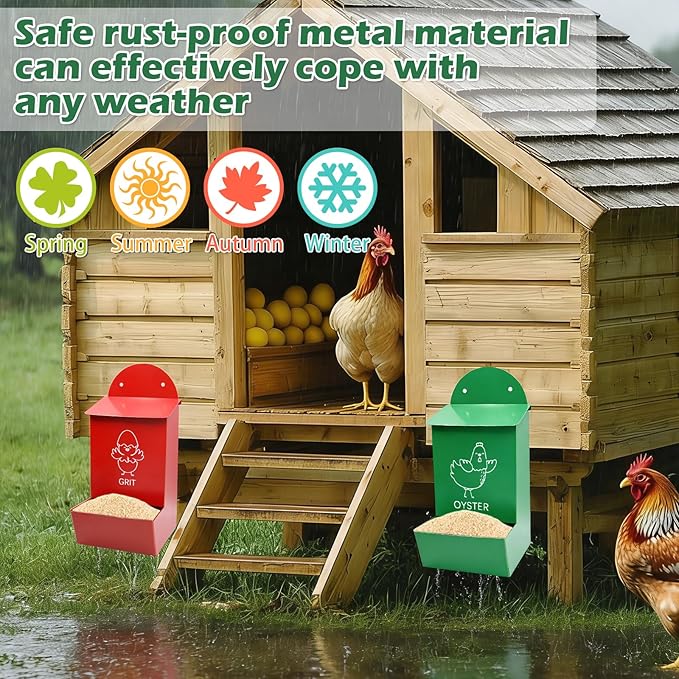 2Pcs Large Chicken Grit and Oyster Shell Feeder for Hens Metal Chicken Feeder with Covers Hanging Poultry Feeders Rainproof Chicken Coop Accessories