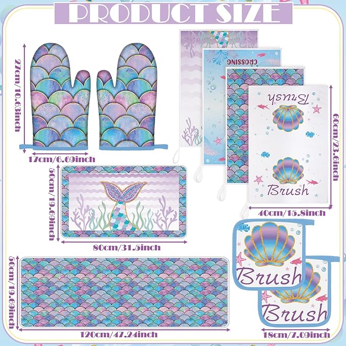 10 Pcs Mermaid Kitchen Dish Towels Rugs Oven Mitts and Pot Holders Set Farmhouse Kitchen Decor Set for Women Mom Daughter Gift Cooking Baking Grilling