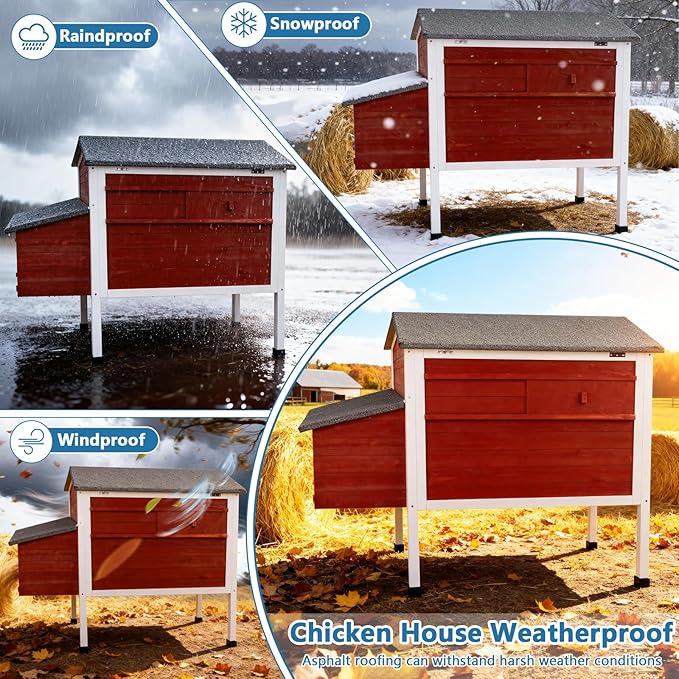 Chicken Coop Hen House Wooden Insulated Poultry Cage Rabbit Hutch with Nesting Box Asphalt Roof Pull-Out Metal Tray Elevated Legs Removable PVC Layer