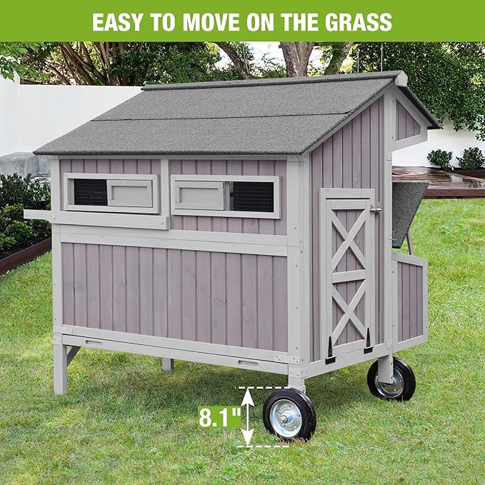GUTINNEEN Chicken Coop with Wheels Mobile Chicken House Outdoor Hen Coop with Large Nesting Box, Movable