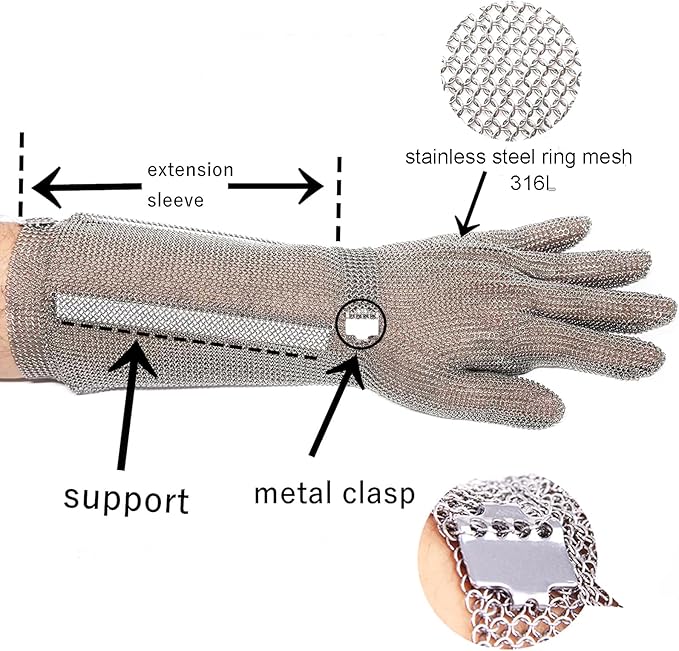 15cm Long Chainmail Glove for Butcher, Finger Protective Safety Work Glove, Cut Resistant Gloves with Metal Craw (XL)