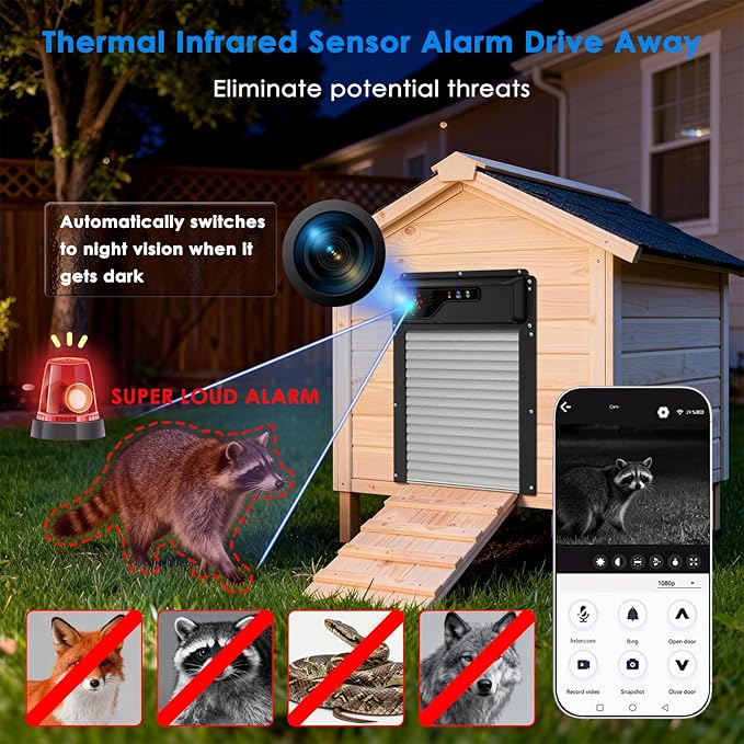 Automatic Chicken Coop Door with HD1080P Camera，Electric Auto WiFi Solar Chicken Coop Door Opener with Timer,Remote Control, APP Control, 5000mA Battery, Night Vision, Alarm Drive,Roll-up Gate