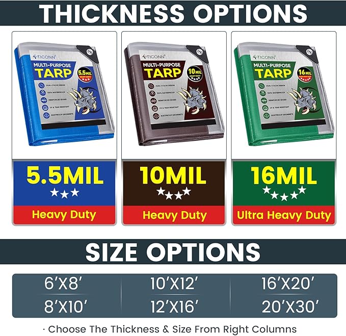 TICONN Heavy Duty Tarp Cover, Extra Thick Tarps Waterproof Tear and Rip Proof UV Resistant Tarpaulin with Reinforced Grommets and Edges (10 Mil, 16'x20')