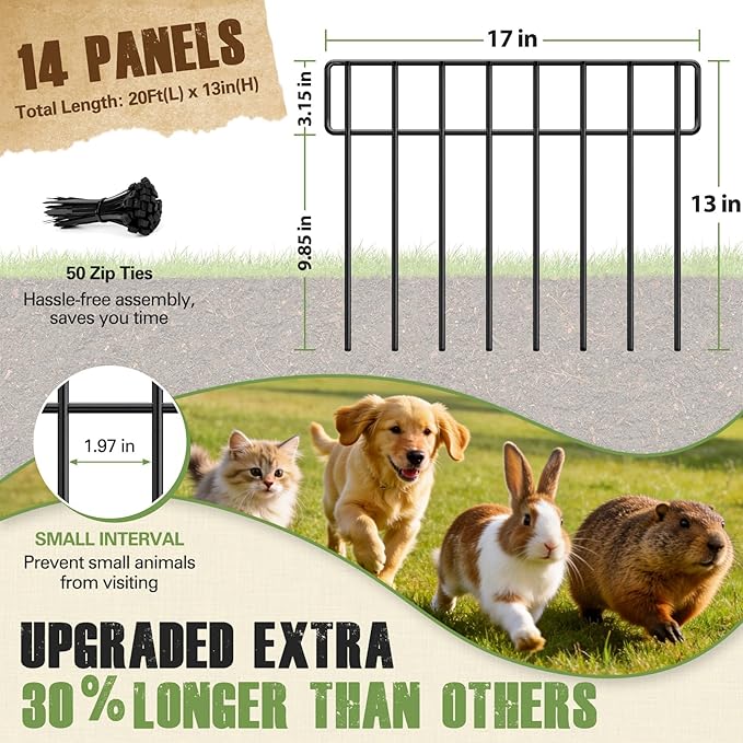 14 Pack 20Ft(L) X 13Inch(H) Animal Barrier Fence - Garden Fence Animal Barrier Garden Border Rustproof Metal No Dig Fence Panels for Dog Rabbit Defense Bottom Blocker for Outdoor Yard Patio