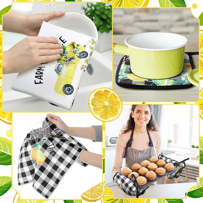 10 Pcs Lemon Kitchen Decor Set Dish Towels Kitchen Rugs Oven Mitts and Pot Holders for Cooking Baking Grilling Women Mom Gift