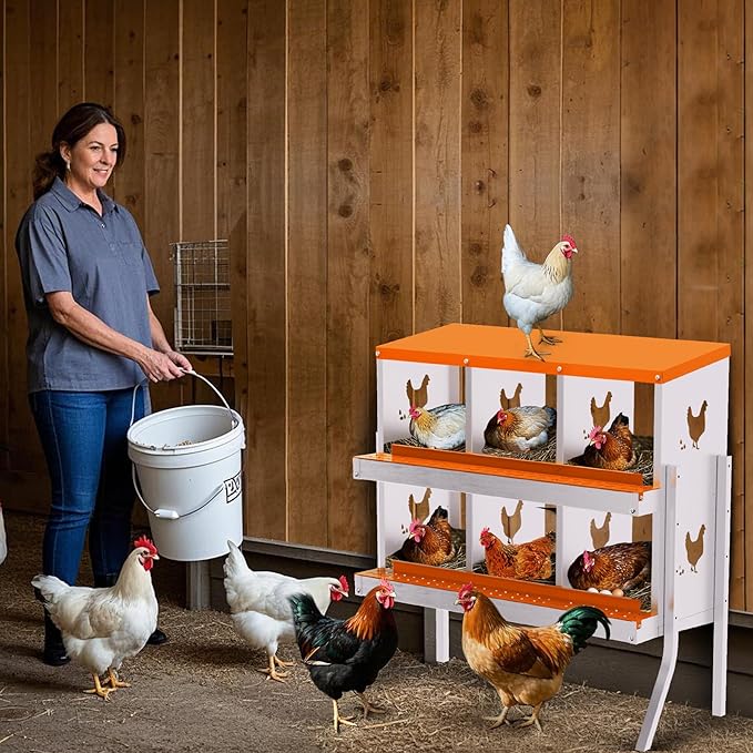 Chicken Nesting Boxes, 6-Hole Roll Away Nest Box for Chicken Coop, Metal Egg Laying Box with Perch & Lid Cover to Protect Eggs, Rollout Egg Collection, Vented Holes- with Legs Orange