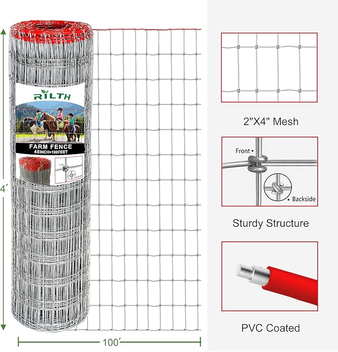 4x100ft Heavy Duty Horse Fence, 2x4 Inch Mesh, Rust-Resistant Metal Wire Farm Fencing for Livestock, Pasture, Garden, and Animal Containment