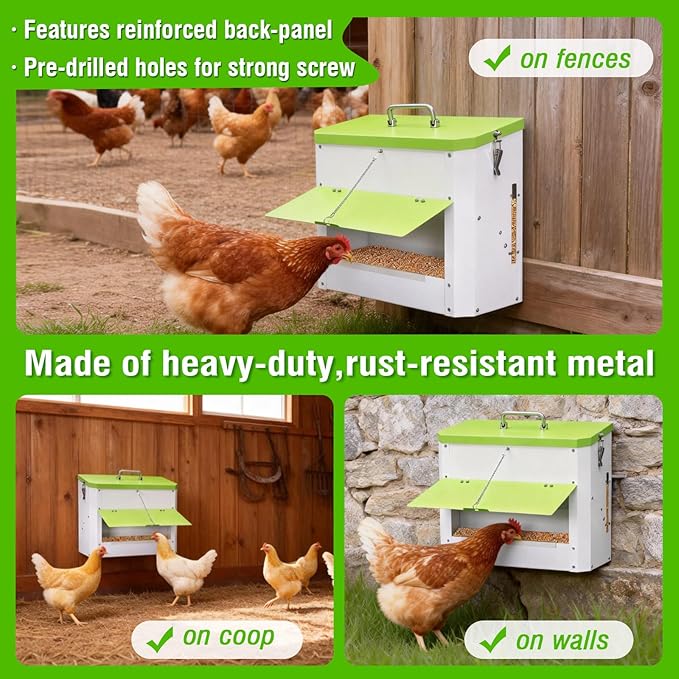 Hanging Chicken Feeder No Waste,20LBs Metal Chicken Feeder with Rainproof Cover & Lockable Flip-Door,Wall-Mount Heavy Duty Feeder for Chicken Coop and Outdoor Use