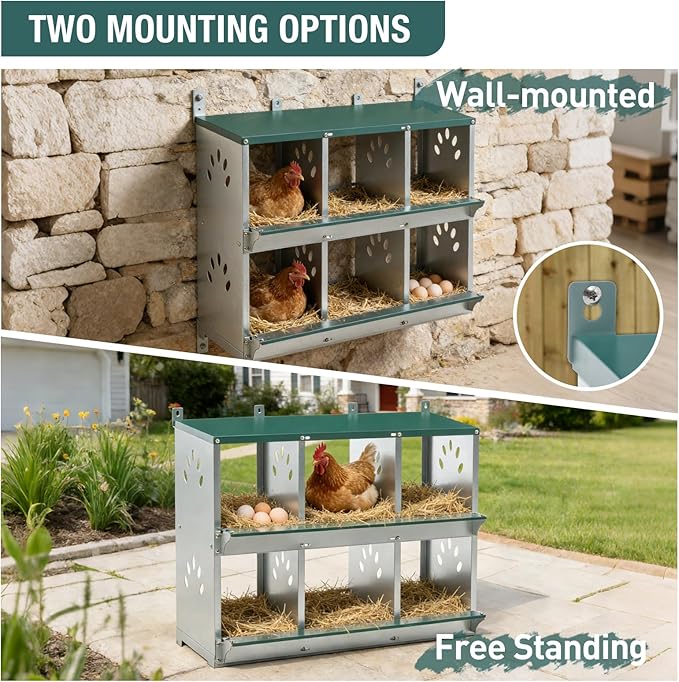6 Compartment Metal Chicken Nesting Box, Roll Out Hen Laying Box for Easy Egg Collection, Wall Mount Poultry Nest Box for Backyard Chickens, Green, 32.09" L x 16.34" W x 26.38" H