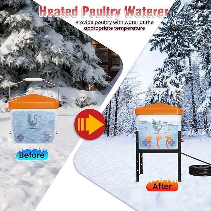 Heated Chicken Waterer, 1.8 Gallons Chickens Poultry Waterer with Nipples, Height Adjustable & Detachable Stand, All-Season Chicken Coop Waterers, Chicken Water Heater (7L, Orange Cover)