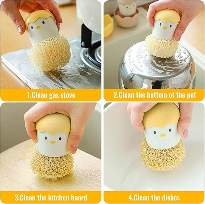 2Pcs Eggshell Chicken Shaped Cleaning Brush with Handle Detachable Fiber Cleaning Ball for Cleaning Kitchen