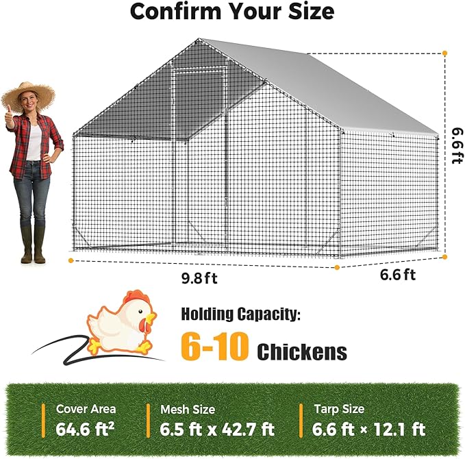 Metal Chicken Coop with Run, 9.8x6.6x6.6ft Walk-in Chicken Run for Yard with Cover, Upgrade Double Lock & Rust-Proof Mesh, Stainless Steel Ties, Easy Assembly, Chicken Pen for Ducks, Rabbits
