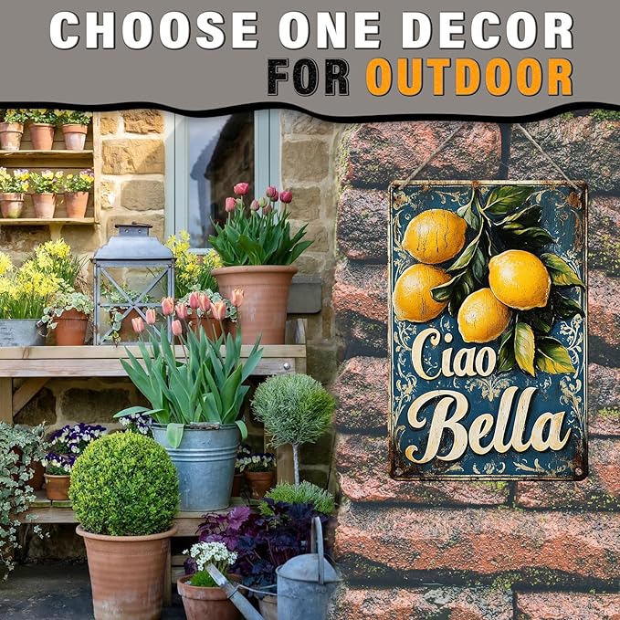 PEACHGARDEN Italian Kitchen Decor Lemon Metal Sign Ciao Bella Poster Italian Wall Decor for Home Kitchen Bar Man Cave Pub Club 8x12inch