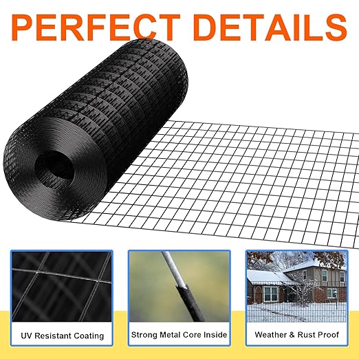 Welded Wire Fence 36inx50ft, 16GA, Mesh Size 2" x 3" Black Hardware Cloth, Chicken Wire Fence, PVC Coated Garden Border Fencing, Vinyl Coating Metal Wire Mesh for Yard, Dog Vegetable, Plant