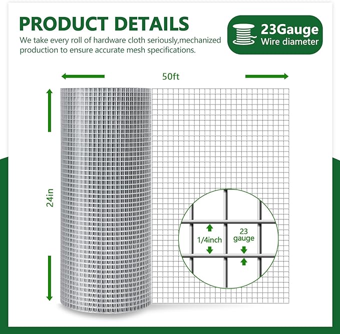 Hardware Cloth 1/4in 24inx50ft Hot Dip Galvanized 23 Gauge Chicken Wire Fencing Roll Poultry Animal Netting Cage Screen Chicken Coop Accessories Garden Plant Supports
