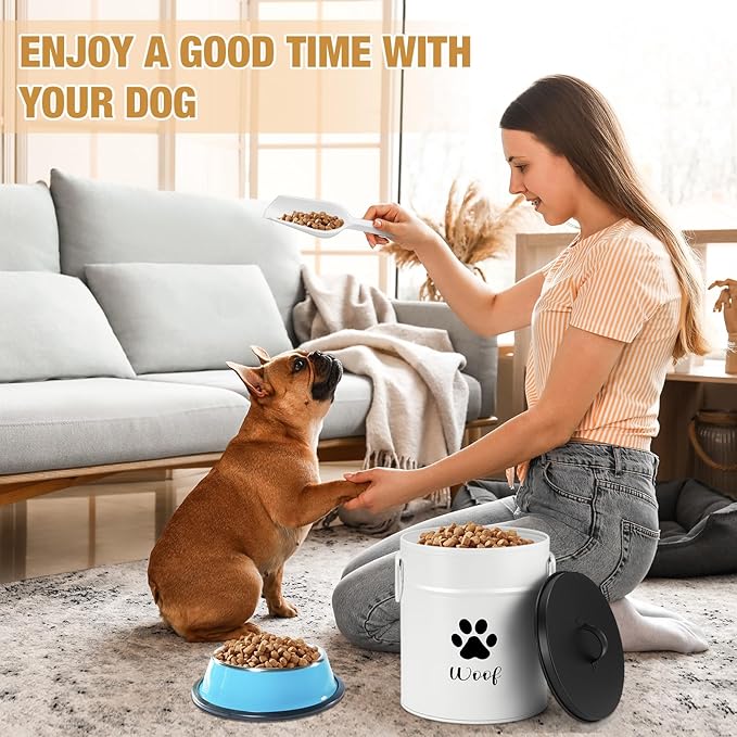 Extra Large 23+10 lbs Metal Dog Food Storage Containers Set of 2 Airtight Dog Treat Snack Jars with Lids and Spoon Farm House Style Big Pet Cookie Jar for Kitchen Counter Gift