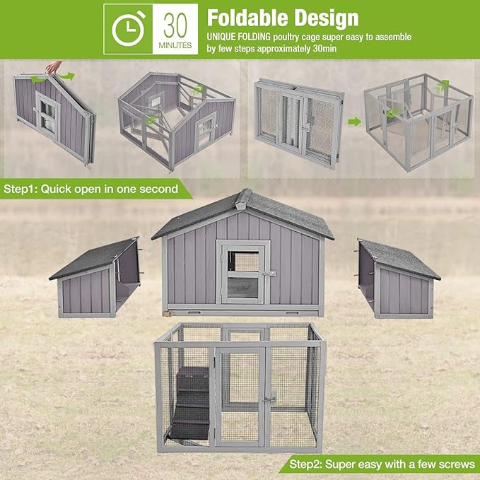 GUTINNEEN Chicken Coop Foldable Hen House Large Poultry Cage with Nesting Box and Run for 4-6 Chickens 26ft²-Super Easy to Assemble