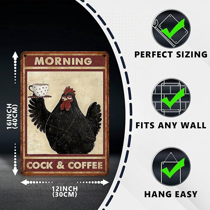 Funny Chicken Metal Signs Coffee Decor Morning Cock And Coffee Tin Signs Vintage Kitchen Metal Decor Rustic Wall Art For Home Farmhouse Coop Farm Poultry House Cafe Bar Office 16 * 12 In