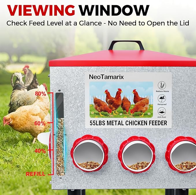 55lbs No Waste Automatic Chicken Feeder, Large Metal Poultry Feeder with 8 Feeding Ports & View Window, Weatherproof, Adjustable Height, and Locking Lid for Chickens, Ducks, Geese