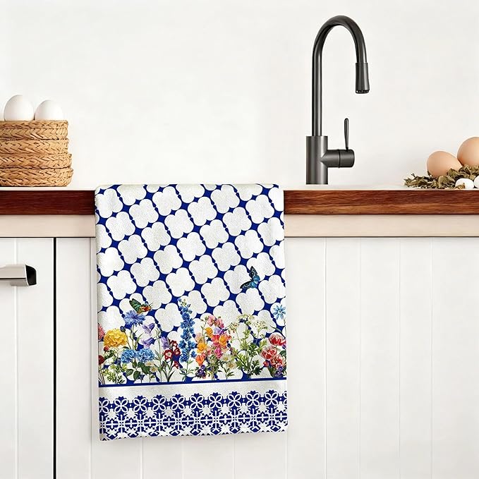 Blue and White Kitchen Towels Set of 4, Blue Wildflower Decorative Tea & Hand Towels, Chinoiserie Dish Towel Dishclothes for Drying Cleaning, Spring Summer Kitchen Decor & Gifts for Cooking Lover