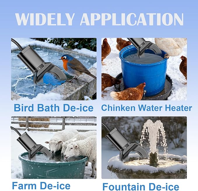 250W Chicken Water Heater with Thermostat,Cast Aluminum Submersible Bird Bath De-Icer for Plastic/Metal Poultry,Power Cord 9.8 Ft,Black