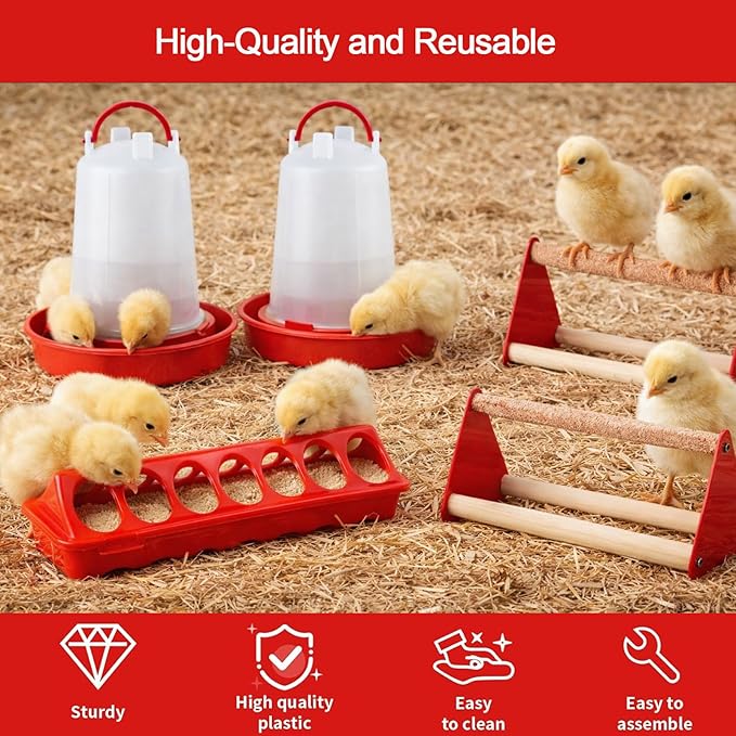Chick Feeder and Waterer Kit, 6 Pcs Baby Chicken Supplies with Large 0.4 Gal Chick Waterer, Plastic Feeder Trough and Perch, Chicken Starter Kit for Coop and Brooder for Small Poultry Quail (Red)