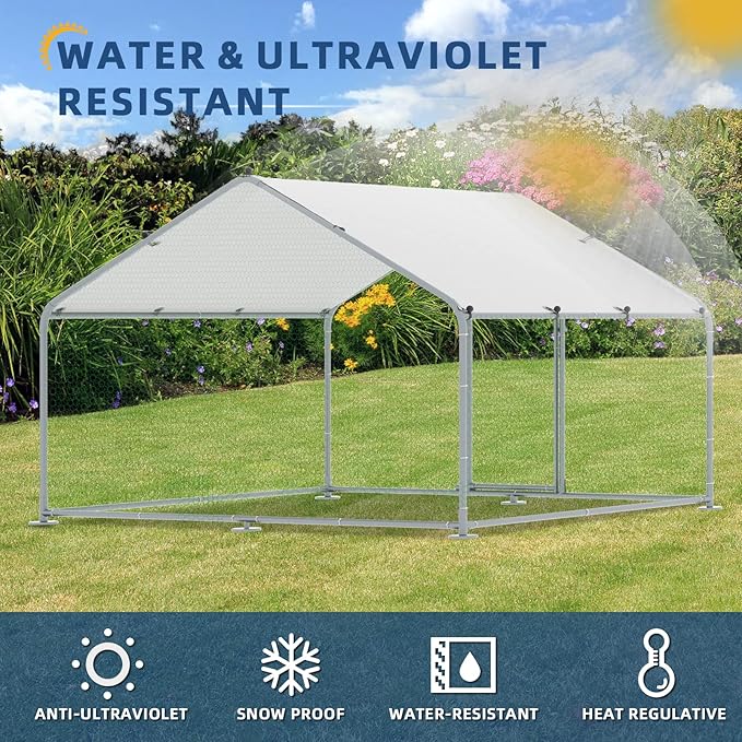 Large Metal Chicken Coop Walk-in Poultry Cage Hen Run House Duck House Rabbits Habitat Cage Spire Shaped Coop with Waterproof and Anti-Ultraviolet Cover for Outdoor Farm Use