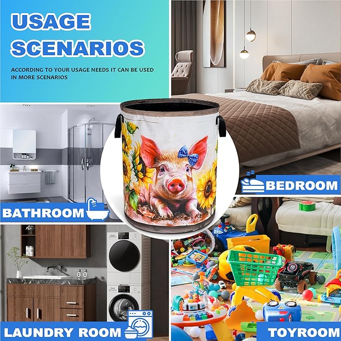 Cute Pig Sunflower Laundry Basket Oxford Cloth Farm Animal Laundry Hamper With Handle Foldable Portable Clothes Storage Basket 18.9 X 16.5 In Storage Bag For Laundry Room/Bathroom/Bedroom/Dormitories