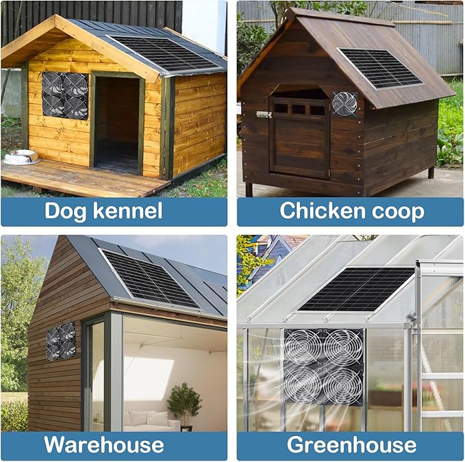 20W Solar Powered Exhaust Fan with 4 Waterproof Fans 5-inch for Outside Backyard Chicken Coops, Greenhouses, Doghouse Air Circulation with 11.5 FT On/Off Switch Cord