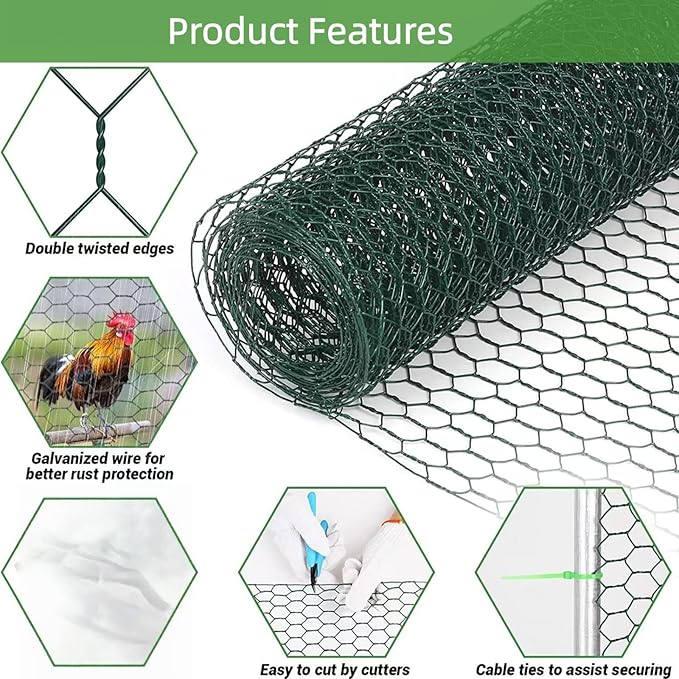 Chicken Wire for Floral Arrangements (Green, 15.7 x 236 Inch), 0.6 Inch Hexagonal Galvanized PVC Coated Netting Fence for Crafts, Poultry, Garden,Sturdy Roll Plant Protector