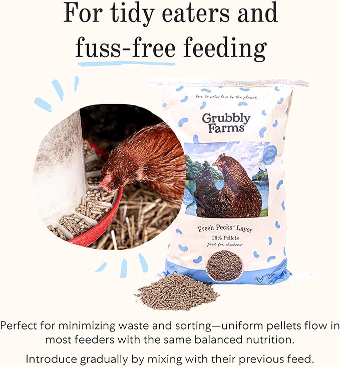 Grubbly Farms Adult Chicken Bundle - Chicken Grit, Fresh Pecks Layer Feed Pellets, Omega Mix & Grubblies - Complete Nutrition, Proper Digestion, Strong Eggshells & Natural Protein Treats - 4 Pack