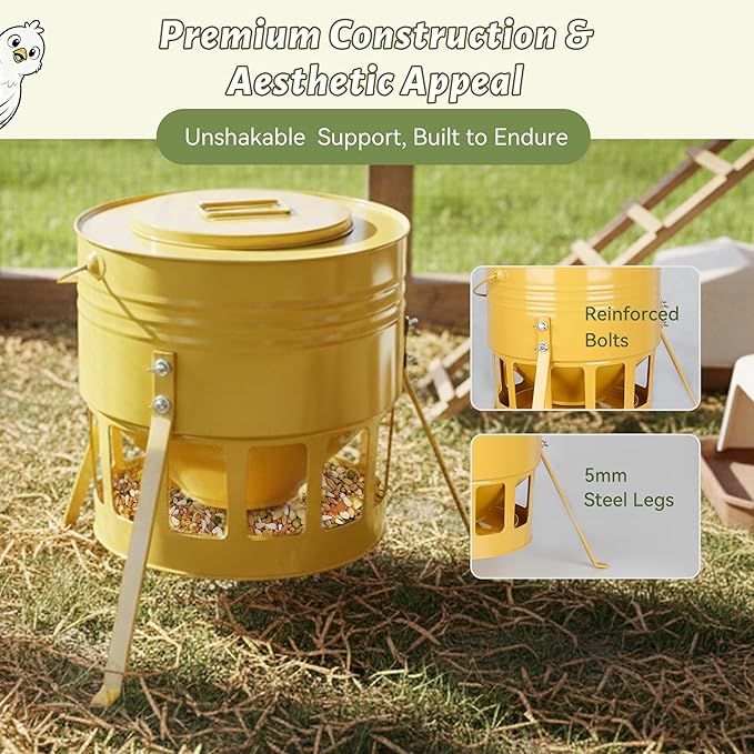 KOL Metal Chicken Feeder - 20lbs No Waste Chicken Feeder with 12 Ports, Powder Coated Rust-Proof Design & Smooth Edges for Safe Feeding (Yellow)