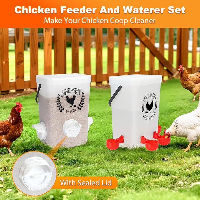 Tgeyd Chicken Feeder and Waterer Set (3 Gal/15 Lb) Hanging Automatic Poultry Feeder, No-Waste, Chicken Accessories for Chicken Coop and Run