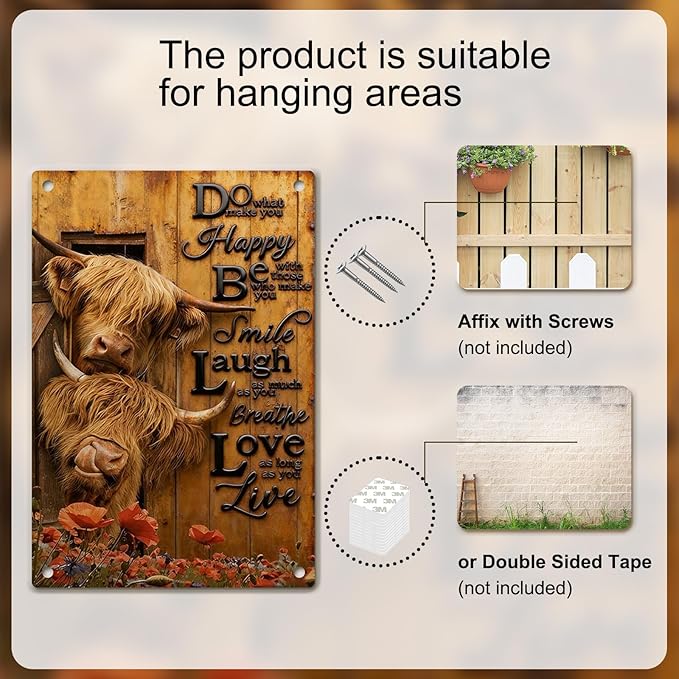 Highland Cow Wall Art Farmhouse Metal Signs Farmhouse Wall Decor Rustic Wall Art Country Wall Decor Inspirational Highland Cow Decor Tin Sign Rustic for Home Bedroom Living Room, 8x12 Inch