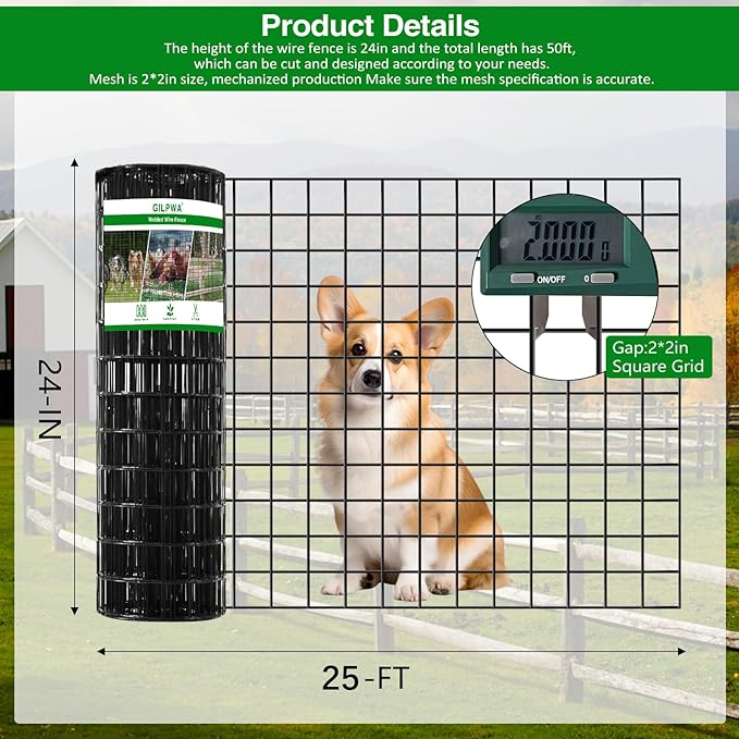 Wire Fence, 24 in(H) X 25 ft(L) PVC Coated Welded Wire Fencing 2" X 2" 16GA Garden Border Vinyl Metal Chicken Wire Fencing Mesh Roll for Yard Vegetable Plant Protection Poultry Netting Black