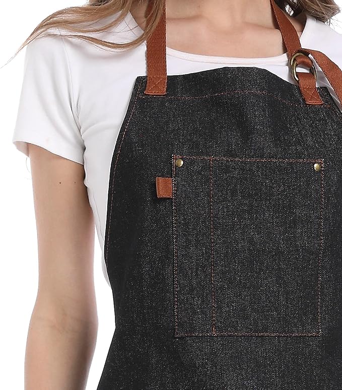 Denim Apron with Pockets Tall Bib Apron Large with Long Ties Adjustable - Gifts for Men Women